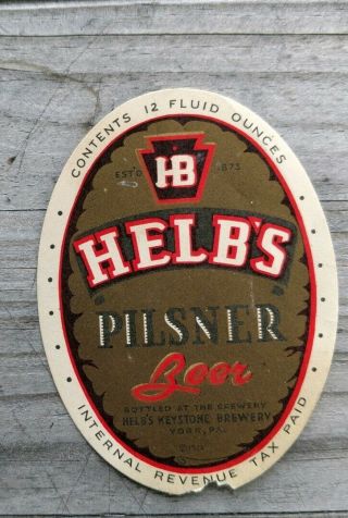 Helbs Beer 1939 Keystone Brewery Bottle Label File Very Rare Piedmont