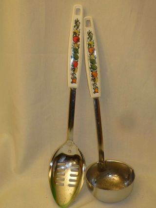 Ekco Chromium Plated Vintage Soup Ladle & Slotted Spoon Veggies On White Handle