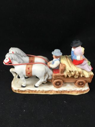 Vintage Lefton Colonial Village Figurine 1987 Horses Pulling Hay Wagon 06456
