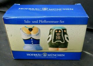 Hofbrau Munchen Beer Germany Salt & Pepper Shaker Set Lederhose & Dirndl New/box