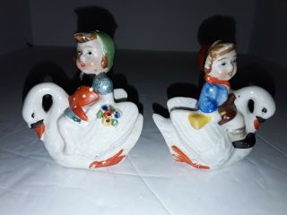 Vintage Boy And Girl Riding Swans Painted Salt And Pepper Shakers Japan Rare