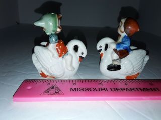 Vintage Boy and Girl Riding Swans Painted Salt and Pepper Shakers Japan RARE 2