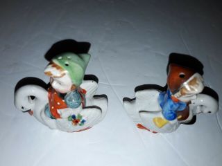 Vintage Boy and Girl Riding Swans Painted Salt and Pepper Shakers Japan RARE 3