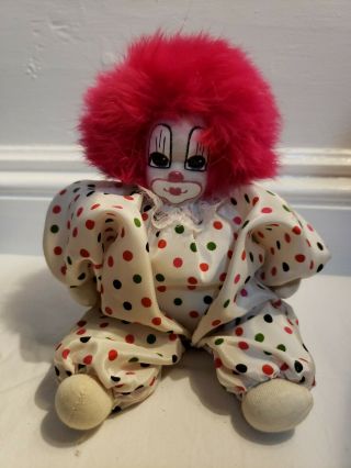 Vintage Q - Tee Clown Sand Doll 7 Inch Pink Hair Collectible Doll Polka Dot Clothe