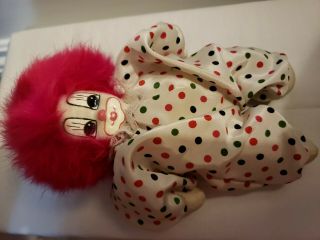 Vintage Q - Tee Clown Sand Doll 7 Inch Pink Hair Collectible Doll Polka Dot Clothe 3
