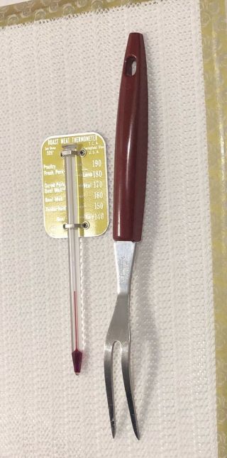 Stanley Stainless Usa Meat Fork Red Cornucopia Yellow Roast Thermometer Vtg Mcm