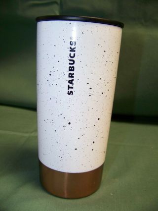 2012 Starbucks 12 Oz.  Black And White Speckled Travel Tumbler With Copper Bottom