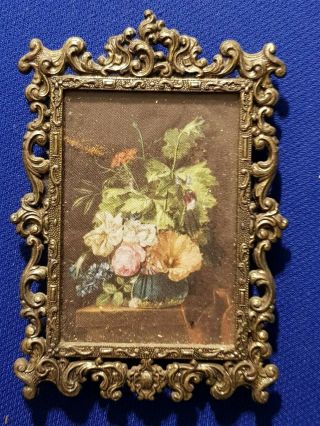 Vintage Ornate Brass Frame With Silk Picture Flower Under Glass Made In Italy