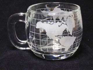 Vintage Nestle Etched Clear Glass World Globe Coffee Cup Mug