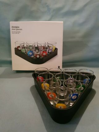 Pool Ball Decorated Set Of 10 Shot Glasses With Triangle Tray Snooker Bnib