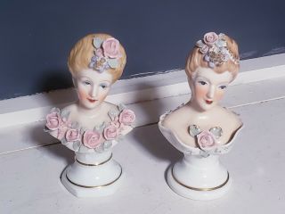 2 Vintage Porcelain Made In Japan Fine Lady Bust Head Figurines
