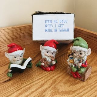 Set Of (3) Vintage Homco Christmas Ceramic Elves Elf Figurines Gnomes 5406 Euc