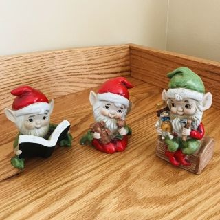 Set Of (3) Vintage HOMCO Christmas Ceramic Elves Elf Figurines Gnomes 5406 EUC 2