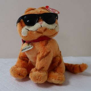 Ty Beanies Babies Cool Cat Garfield 2004 Sunglasses Gold Food Bowl Tag On Collar