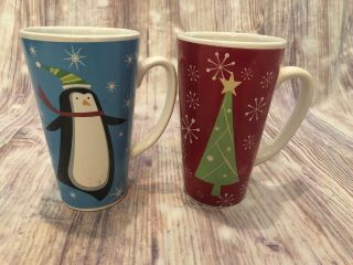 Set Of 2 Tall Christmas Holiday Coffee Mugs Snow Penguin Christmas Tree