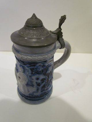 Antique German Stoneware Cobalt Blue Salt Glazed Beer Stein " Tavern " 0.  25 L.