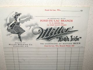 Early Miller High Life Fond Du Lac Brewery Branch Invoice Paper Pre Pro Beer Adv