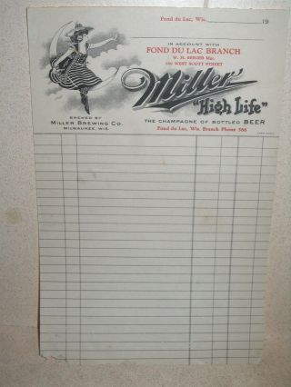 Early Miller High Life Fond Du Lac Brewery Branch Invoice Paper Pre Pro Beer Adv 2
