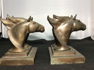 Vintage Pair Frankart Spelter Bookends Double Horse Heads Bronze Color 2
