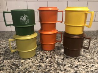 6 Vintage Tupperware Stackable Mugs Coffee Cups 1312 And 5 Coasters Lids 1313