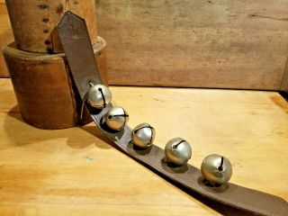 Antique Primitive Style Christmas Pewtered Sleigh Bells On Leather Strap -