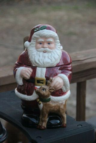 Ceramic Santa Claus And Reindeer Cookie Jar
