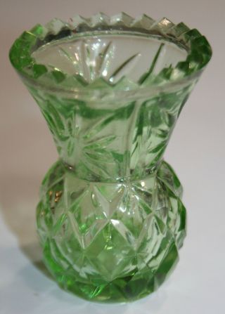 Green Cut Glass Small Toothpick Vase Or Trinket Holder