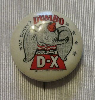 1940s Dumbo D - X Gasoline Celluloid Pin Back Button / Kay Kamen Ltd - Walt Disney