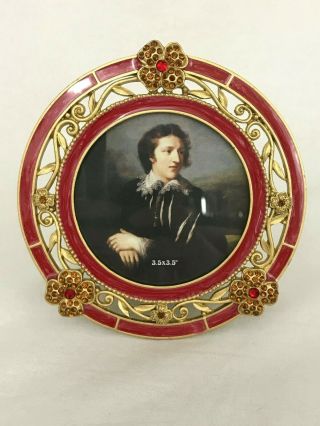 Ornate Gold Gilt Red Enamel Rhinestones Floral Round Easel Picture Photo Frame