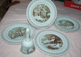 4 Roy Thomas Currier & Ives Winter Scenes China Plates & Bell 1978