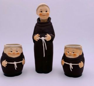 Goebel West Germany Friar Tuck Monk Decanter Bottle With Stopper & 2 Mugs