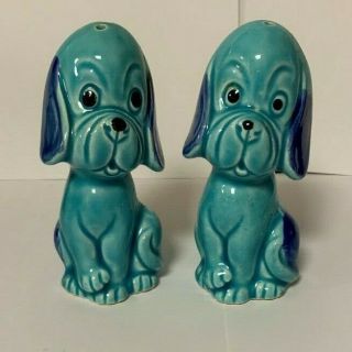 Vintage Ceramic Blue Hound Dog Salt And Pepper Shakers Japan Euc