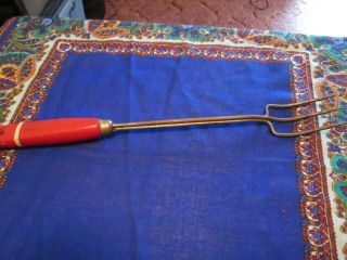 Vintage Red With White Stripe Wooden Handle 3 Prong Meat Fork