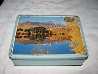 Old Aulsebrooks 1 3/4lb Lithographed Panoramic Mountain Lake Scene Biscuit Tin
