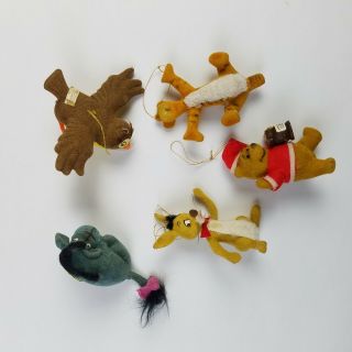 5 Vintage Winnie The Pooh Disney Christmas Ornaments Made In Hong Kong Flocked