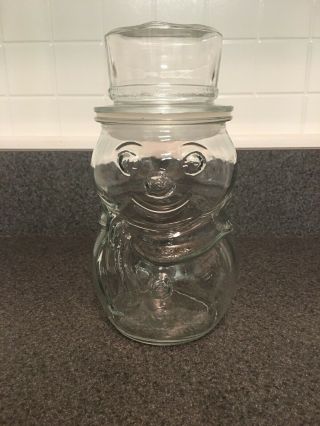 Vintage Libbey Clear Glass Snowman Canister Jar W Lid Christmas Candy Apothecary