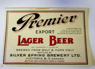 Old Canada Beer Label Pre Pro Silver Spring Brewery Ltd Premier Victoria B.  C.