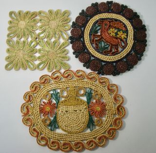 Trivets - Folded Straw Designs - Floral Square,  Reindeer And Jug - Made In Chiba