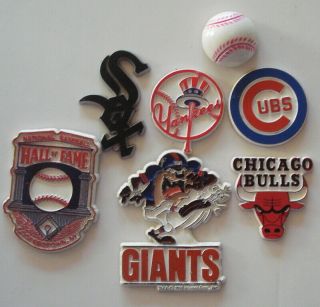 7 Vintage Refrigerator Magnets /sports - Yankees - Hall Of Fame - Giants - Cubs - Bulls