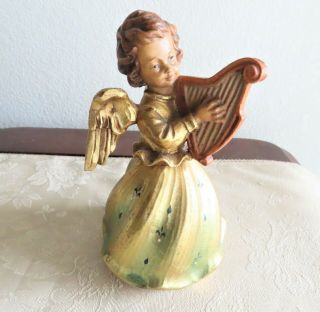 Anri Reuge Carved Gold Painted Wood Angel W/ Harp Brahms Lullaby Music Box