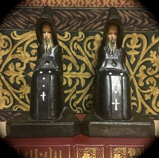 8 1/2 INCH TALL HAND - CARVED HAND - PAINTED WOODEN MONK FRIAR BOOKENDS 2