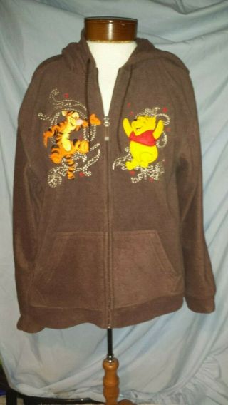 Disney Winnie The Pooh Womens Xl Brown Full Zip Long Sleeve Hooded Sweatshirt