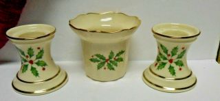 Set Of 2 Lenox Holiday Candlestick Taper Holders Holly & Berry And One Votive