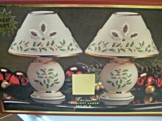 Lenox Holdiay Pattern Holly & Berries Gold - Banded Tea Light Lamps - Set Of 2