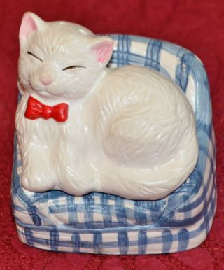 White Kitty Cat Red Bow Sleeping on Chair Salt & Pepper Shakers Go With Stackers 2