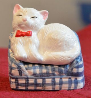 White Kitty Cat Red Bow Sleeping on Chair Salt & Pepper Shakers Go With Stackers 3