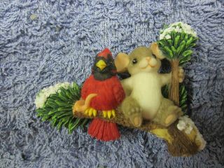 Charming Tails Pin Mouse Sitting On Pine Tree Branch With Cardinal Bird