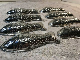 Vintage Set Of 8 Miniature Metal Tin Fish Moulds Retro Jelly Mousse Shape