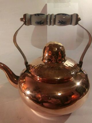 Vintage Copper Kettle Teapot With Porcelain Delft Blue Handle And Knob