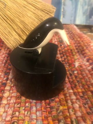Vintage Toothpick Holder Dispenser Black And Ivory Crow Bird Mechanical